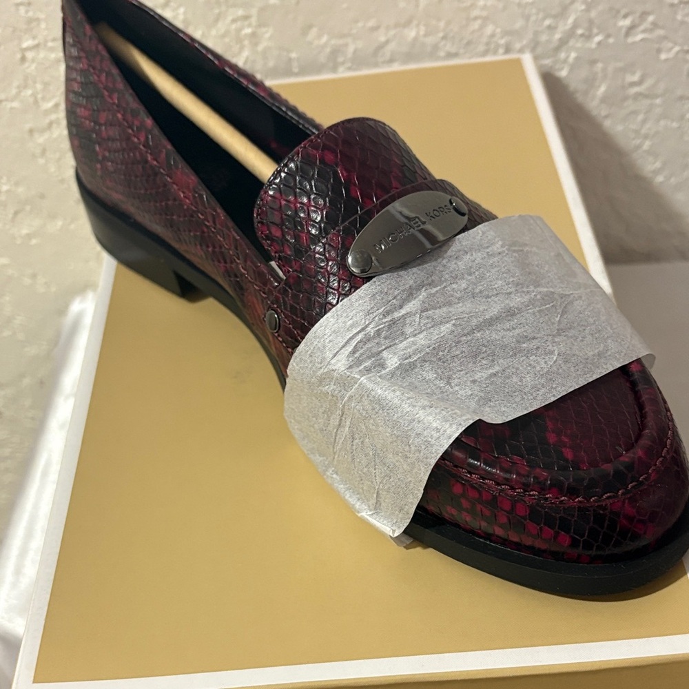 Michael Kors Wine Snake-Print Leather Loafers - Picture 2 of 6